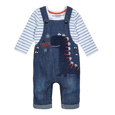 Baby boys' navy denim dungarees and striped print bodysuit